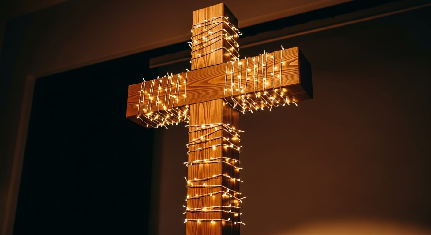Wooden Cross with Fairy Lights