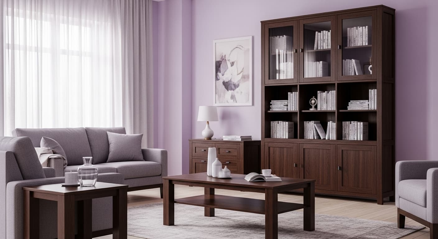 Soft Lilac Walls with Dark Wood Furniture