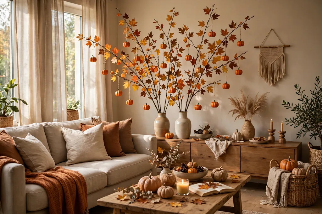 Autumn branches and leaves indoor Halloween decor idea