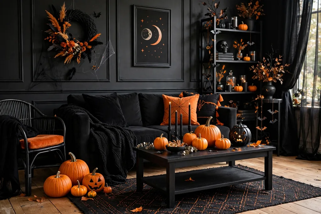 Black and orange classic Halloween room decor idea
