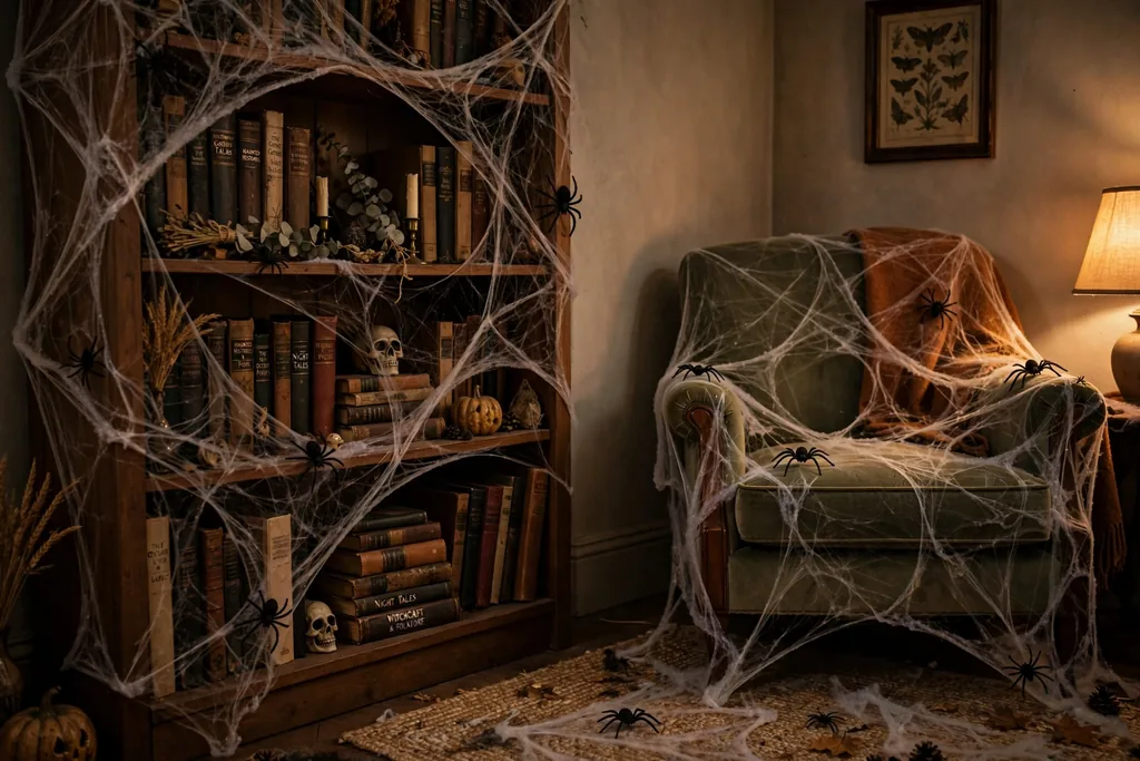 Artificial spiderwebs haunted living room decor idea