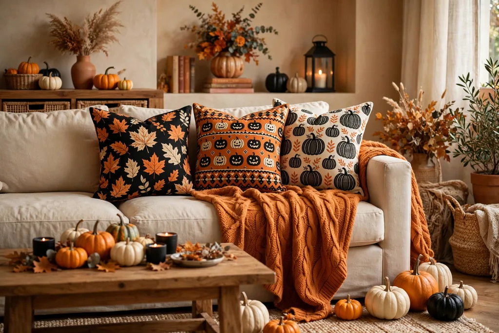 Cozy Halloween throw pillows room decor idea